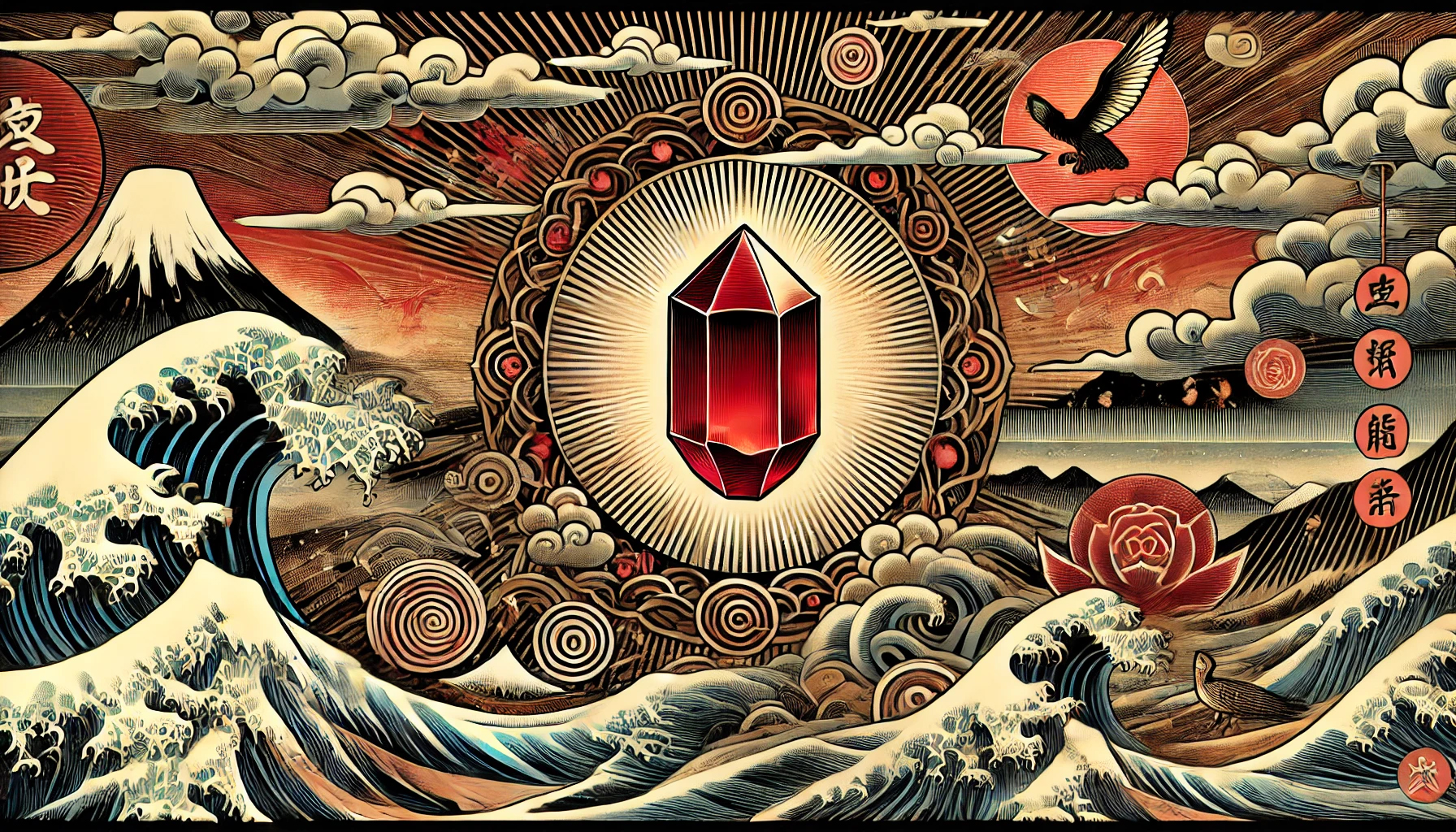 ガーネットの石言葉とは?「真実」と「友愛」に秘められた意味と効果を解説 DALL%C2%B7E 2025 10 16 11.42.21 A wide aspect ukiyo e style artwork representing the symbolic meaning of garnet associated with truth and friendship. The scene features a glowi - ガーネットの石言葉とは?「真実」と「友愛」に秘められた意味と効果を解説