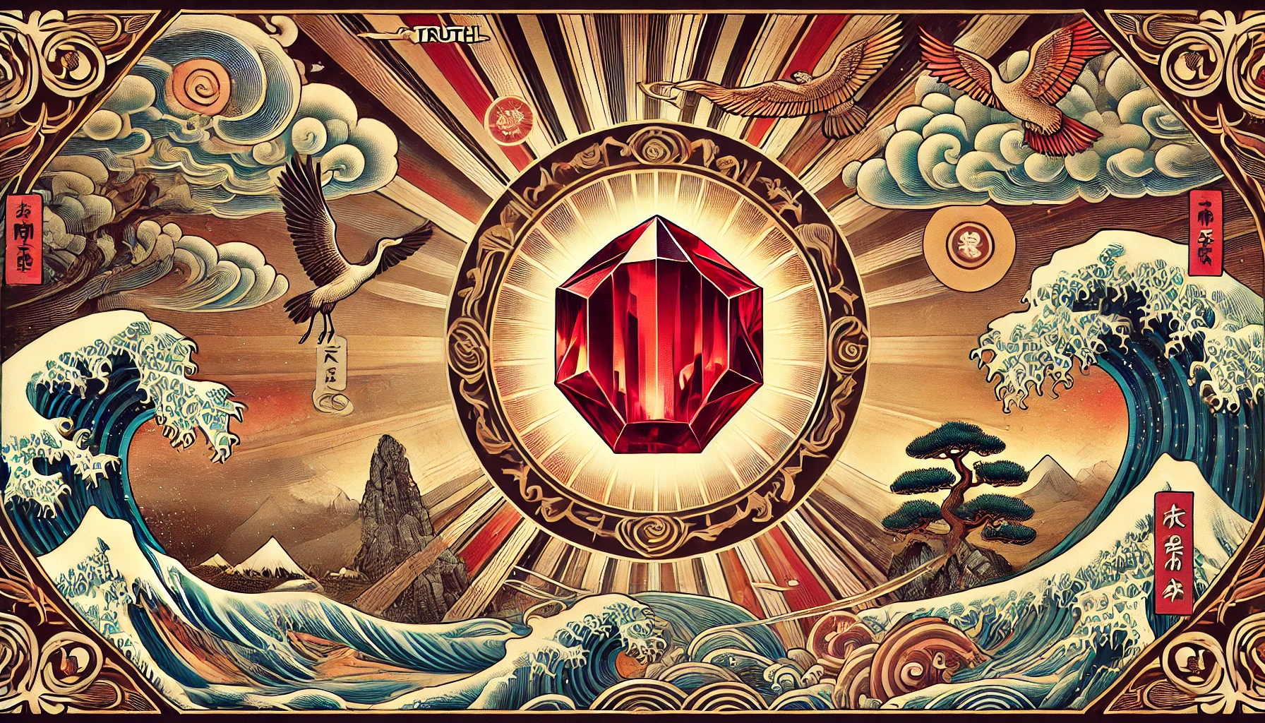 ガーネットの石言葉とは?「真実」と「友愛」に秘められた意味と効果を解説 DALL%C2%B7E 2025 10 16 11.42.22 A wide aspect ukiyo e style artwork representing the symbolic meaning of garnet associated with truth and friendship. The scene features a glowi - ガーネットの石言葉とは?「真実」と「友愛」に秘められた意味と効果を解説