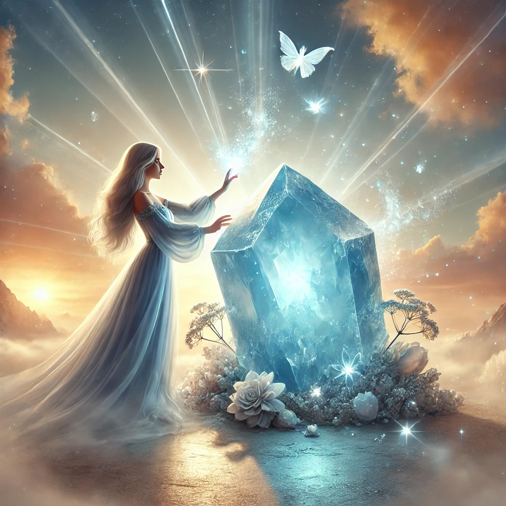 DALL%C2%B7E 2025 10 16 21.08.30 A realistic and mystical scene inspired by the gemstone Chalcedony symbolizing sociability achievement and compassion. In the center a raw b - カルセドニーの石言葉とは？「社交性・達成・思いやり」の意味を徹底解説