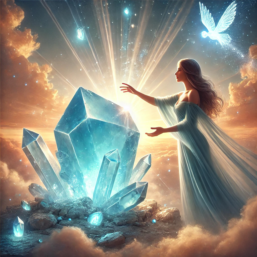 DALL%C2%B7E 2025 10 16 21.08.33 A realistic and mystical scene inspired by the gemstone Chalcedony symbolizing sociability achievement and compassion. In the center a raw b - カルセドニーの石言葉とは？「社交性・達成・思いやり」の意味を徹底解説