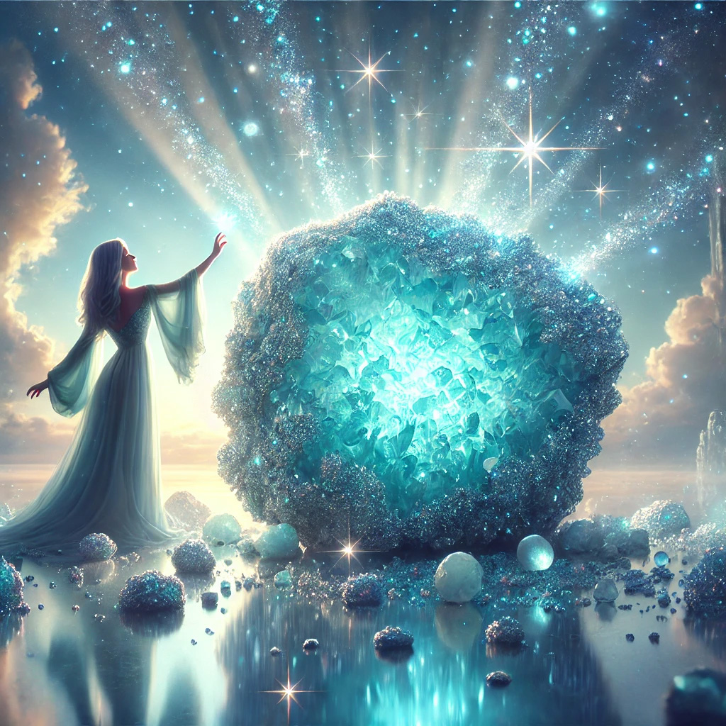 DALL%C2%B7E 2025 10 16 21.11.21 A realistic and mystical artwork inspired by Chalcedony featuring a sparkling blue druzy chalcedony crystal with fine glittering crystals. The cryst - カルセドニーの石言葉とは？「社交性・達成・思いやり」の意味を徹底解説