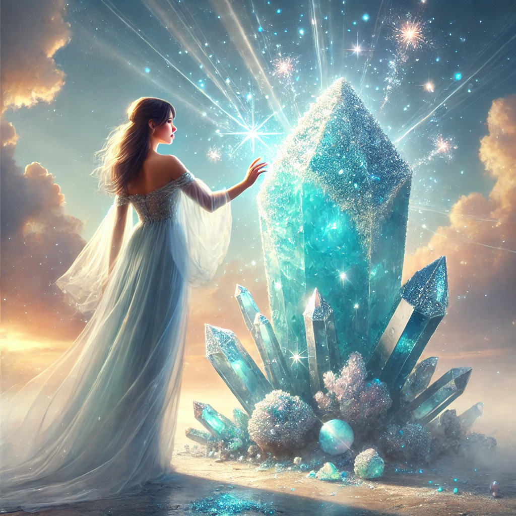 DALL%C2%B7E 2025 10 16 21.11.24 A realistic and mystical artwork inspired by Chalcedony featuring a sparkling blue druzy chalcedony crystal with fine glittering crystals. The cryst - カルセドニーの石言葉とは？「社交性・達成・思いやり」の意味を徹底解説