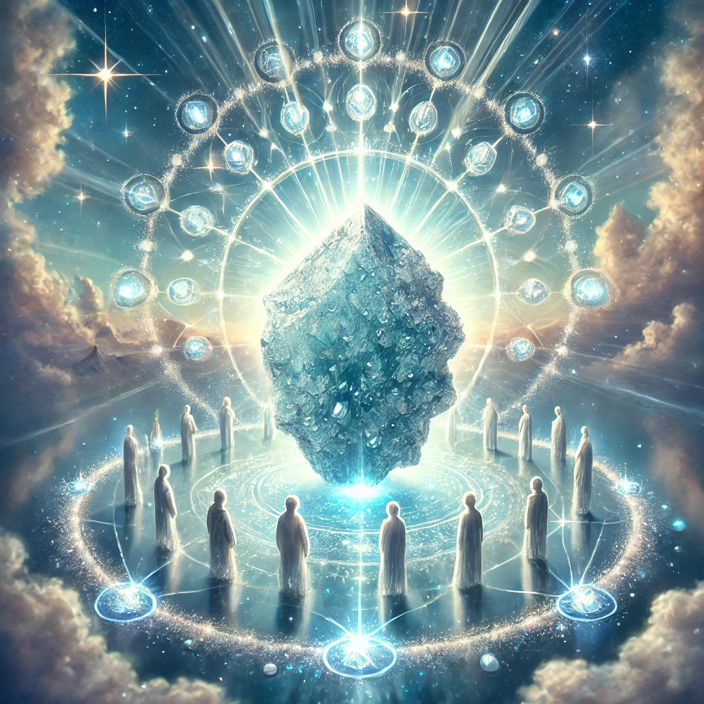 DALL%C2%B7E 2025 10 16 21.12.53 A mystical and symbolic image inspired by Chalcedony focusing on its meanings of sociability achievement and compassion. At the center is a g - カルセドニーの石言葉とは？「社交性・達成・思いやり」の意味を徹底解説