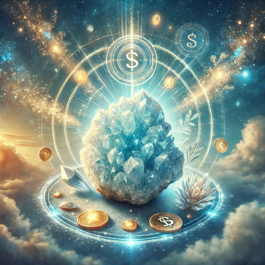 DALL%C2%B7E 2025 10 16 21.14.31 A mystical and symbolic image representing the relationship between Chalcedonys spiritual meaning and financial fortune. At the center is a sparkling - カルセドニーの石言葉とは？「社交性・達成・思いやり」の意味を徹底解説