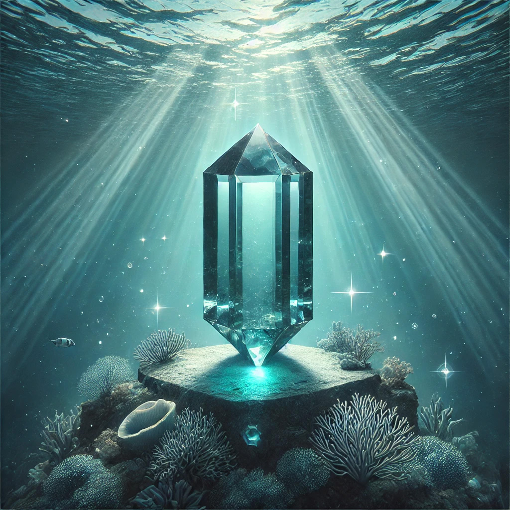 アクアマリンの石言葉「沈着・聡明」とは?冷静な判断力を高める力の力 DALL%C2%B7E 2025 10 16 21.28.39 A mystical underwater scene representing the gemstone Aquamarine and its meanings of composure and wisdom. At the center is a raw aquamarine cryst - アクアマリンの石言葉「沈着・聡明」とは?冷静な判断力を高める力の力