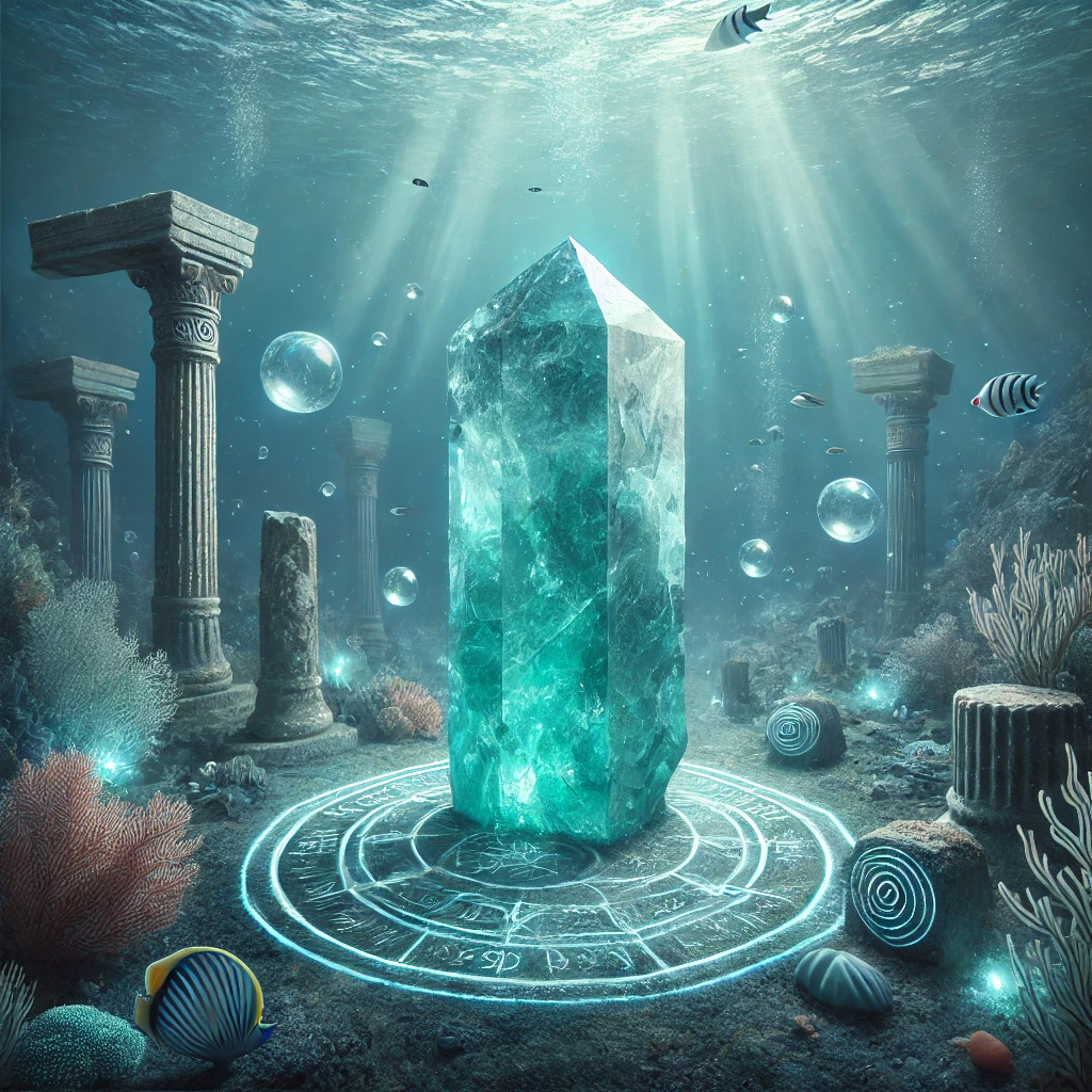アクアマリンの石言葉「沈着・聡明」とは?冷静な判断力を高める力の力 DALL%C2%B7E 2025 10 16 21.29.18 A mystical underwater scene featuring a raw aquamarine crystal shaped like a hexagonal column with both ends naturally flat and cut. The crystal stand - アクアマリンの石言葉「沈着・聡明」とは?冷静な判断力を高める力の力