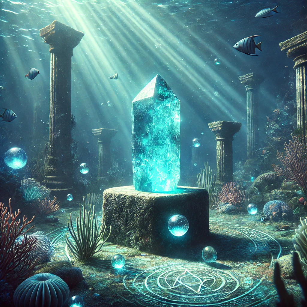 アクアマリンの石言葉「沈着・聡明」とは?冷静な判断力を高める力の力 DALL%C2%B7E 2025 10 16 21.29.19 A mystical underwater scene featuring a raw aquamarine crystal shaped like a hexagonal column with both ends naturally flat and cut. The crystal stand - アクアマリンの石言葉「沈着・聡明」とは?冷静な判断力を高める力の力