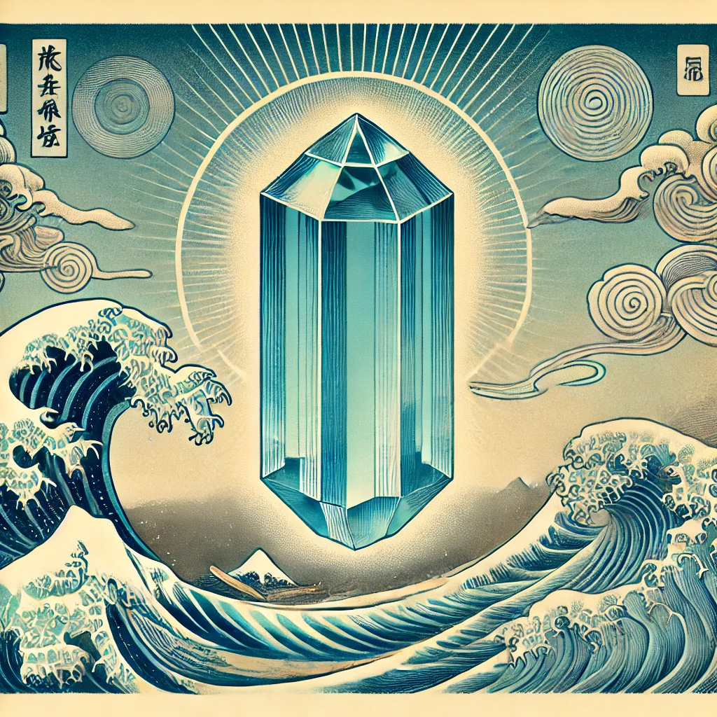 アクアマリンの石言葉「沈着・聡明」とは?冷静な判断力を高める力の力 DALL%C2%B7E 2025 10 16 21.51.42 A traditional ukiyo e style illustration inspired by the gemstone Aquamarine and its symbolic meanings of composure and wisdom. At the center stan - アクアマリンの石言葉「沈着・聡明」とは?冷静な判断力を高める力の力