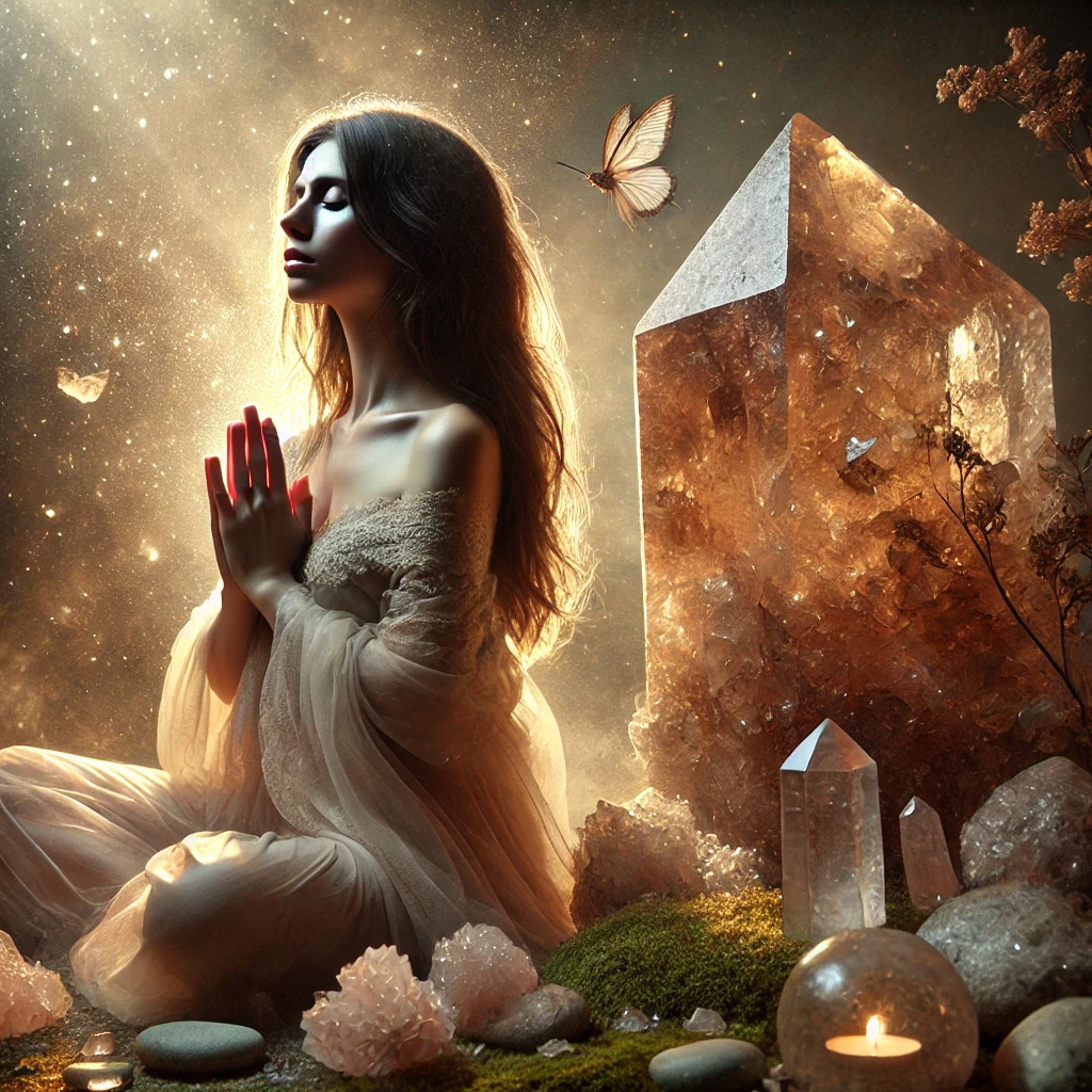 スモーキークォーツの石言葉とは?「安定」と「癒し」のスピリチュアルな力を解説 DALL%C2%B7E 2025 10 17 14.44.19 A mystical and calming image representing the healing and grounding energy of Smoky Quartz. A raw smoky quartz cluster glows with deep brown and gray  - スモーキークォーツの石言葉とは?「安定」と「癒し」のスピリチュアルな力を解説