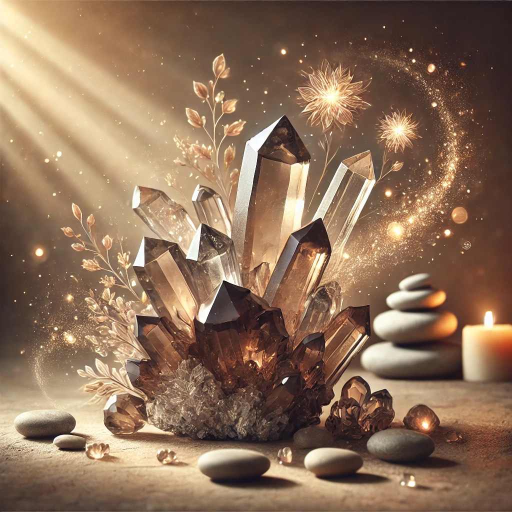 スモーキークォーツの石言葉とは?「安定」と「癒し」のスピリチュアルな力を解説 DALL%C2%B7E 2025 10 17 14.44.56 A peaceful and mystical image representing the gemstone Smoky Quartz and its symbolic meaning of stability. At the center is a raw smoky quartz clus - スモーキークォーツの石言葉とは?「安定」と「癒し」のスピリチュアルな力を解説