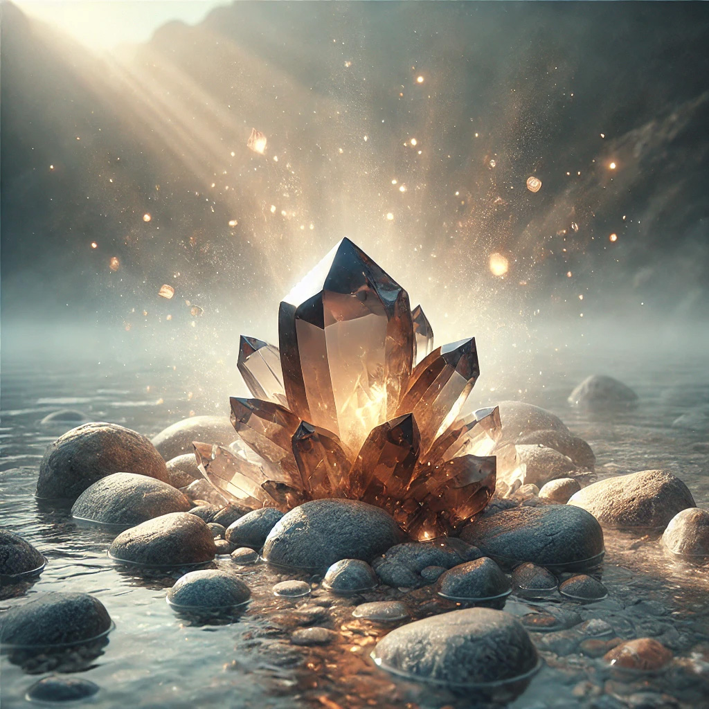 スモーキークォーツの石言葉とは?「安定」と「癒し」のスピリチュアルな力を解説 DALL%C2%B7E 2025 10 17 14.45.14 A calming and spiritual image that symbolizes the meaning of Smoky Quartz  stability and emotional grounding. At the center a raw smoky quartz clus - スモーキークォーツの石言葉とは?「安定」と「癒し」のスピリチュアルな力を解説