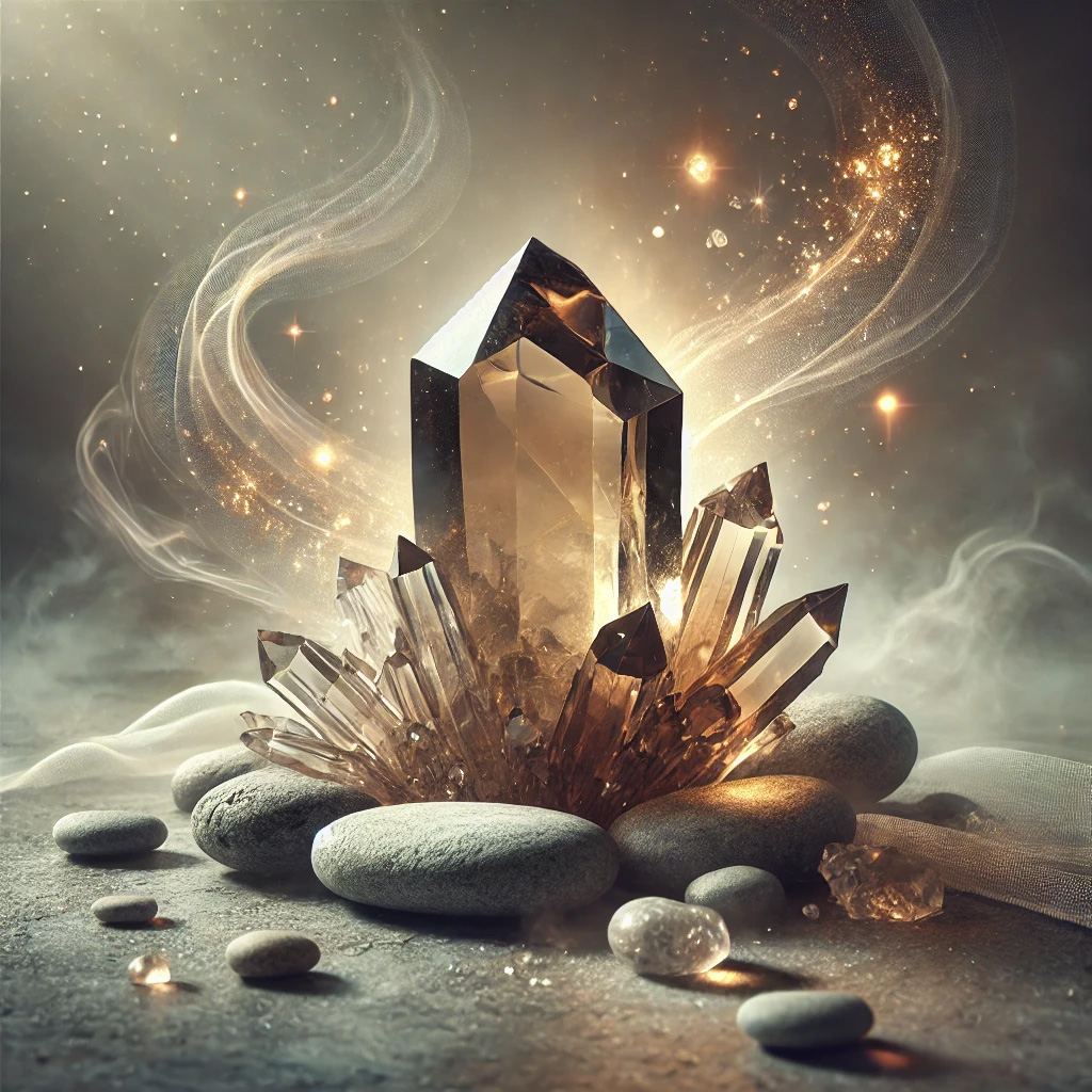 スモーキークォーツの石言葉とは?「安定」と「癒し」のスピリチュアルな力を解説 DALL%C2%B7E 2025 10 17 14.45.17 A calming and spiritual image that symbolizes the meaning of Smoky Quartz  stability and emotional grounding. At the center a raw smoky quartz clus - スモーキークォーツの石言葉とは?「安定」と「癒し」のスピリチュアルな力を解説
