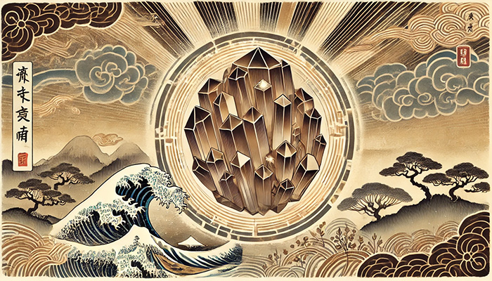 スモーキークォーツの石言葉とは?「安定」と「癒し」のスピリチュアルな力を解説 DALL%C2%B7E 2025 10 17 14.46.34 A wide aspect ukiyo e style illustration inspired by the gemstone Smoky Quartz symbolizing positivity grounding and the power to attract a forward  - スモーキークォーツの石言葉とは?「安定」と「癒し」のスピリチュアルな力を解説