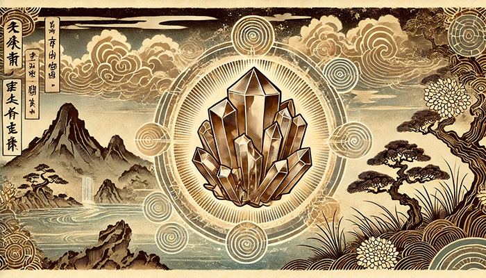 スモーキークォーツの石言葉とは?「安定」と「癒し」のスピリチュアルな力を解説 DALL%C2%B7E 2025 10 17 14.46.36 A wide aspect ukiyo e style illustration inspired by the gemstone Smoky Quartz symbolizing positivity grounding and the power to attract a forward  - スモーキークォーツの石言葉とは?「安定」と「癒し」のスピリチュアルな力を解説