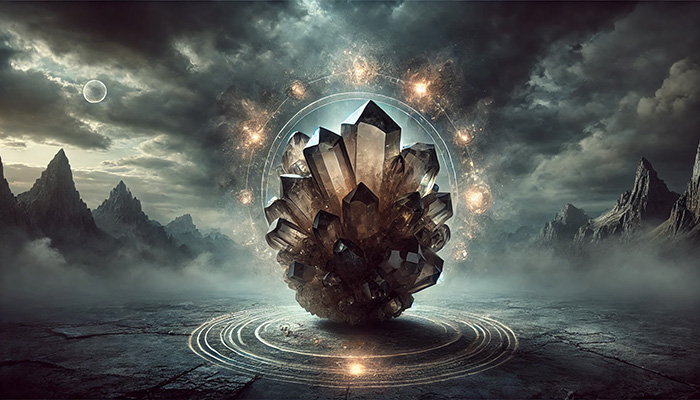 スモーキークォーツの石言葉とは?「安定」と「癒し」のスピリチュアルな力を解説 DALL%C2%B7E 2025 10 17 15.48.30 A wide aspect mystical and moody image representing the mysterious and misunderstood side of the gemstone Smoky Quartz. In the center is a raw smoky q - スモーキークォーツの石言葉とは?「安定」と「癒し」のスピリチュアルな力を解説