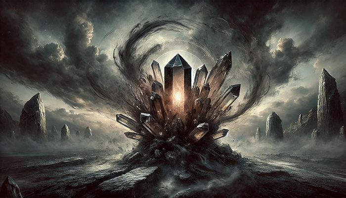 スモーキークォーツの石言葉とは?「安定」と「癒し」のスピリチュアルな力を解説 DALL%C2%B7E 2025 10 17 15.48.34 A wide aspect mystical and moody image representing the mysterious and misunderstood side of the gemstone Smoky Quartz. In the center is a raw smoky q - スモーキークォーツの石言葉とは?「安定」と「癒し」のスピリチュアルな力を解説