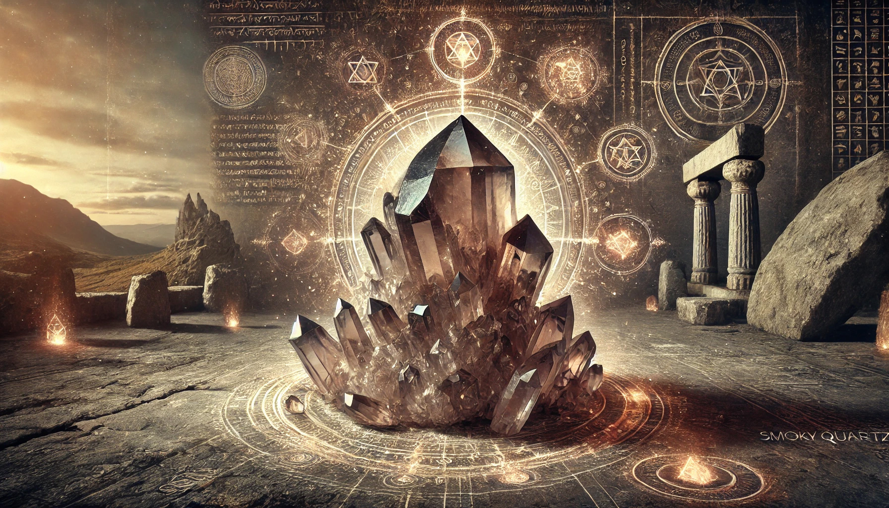 スモーキークォーツの石言葉とは?「安定」と「癒し」のスピリチュアルな力を解説 DALL%C2%B7E 2025 10 17 15.50.36 A wide aspect mystical and historical image representing the gemstone Smoky Quartz and its connection to ancient cultures. In the center a raw smoky  - スモーキークォーツの石言葉とは?「安定」と「癒し」のスピリチュアルな力を解説
