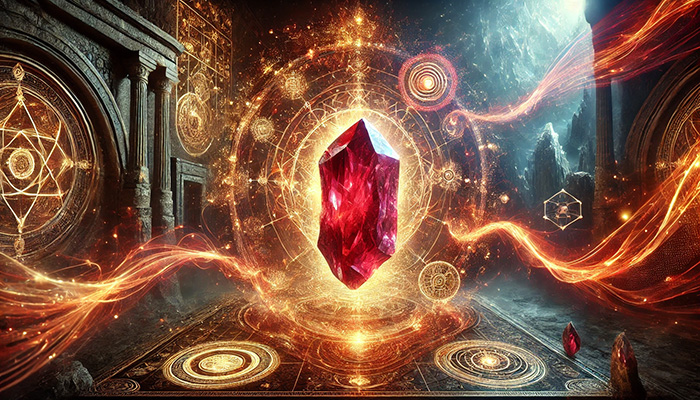 DALL%C2%B7E 2025 10 22 10.26.32 A wide aspect mystical and symbolic image inspired by the gemstone Cinnabar Quartz and its connection to the concept of the Philosopher%E2%80%99s Stone. In th - シナバーの石言葉と「賢者の石」の力｜知恵を引き出し、成功を引き寄せる方法