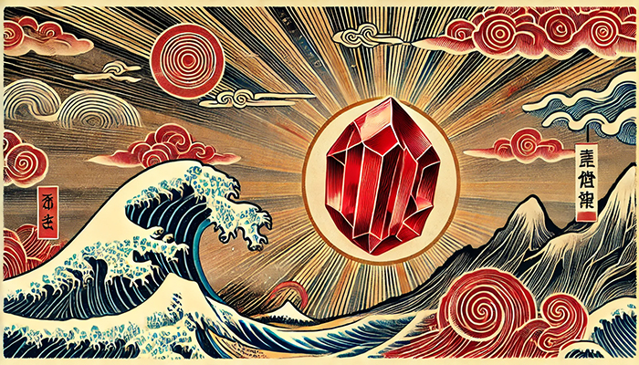 DALL%C2%B7E 2025 10 22 10.28.05 A wide aspect ukiyo e style illustration representing the symbolic power of Cinnabar Quartz as the Philosopher%E2%80%99s Stone to attract wealth and success - シナバーの石言葉と「賢者の石」の力｜知恵を引き出し、成功を引き寄せる方法