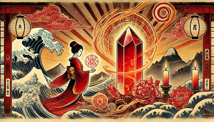 DALL%C2%B7E 2025 10 22 10.28.51 A wide aspect ukiyo e style illustration featuring a mystical ceremony with a glowing cinnabar quartz crystal and a graceful woman. In the center a v - シナバーの石言葉と「賢者の石」の力｜知恵を引き出し、成功を引き寄せる方法