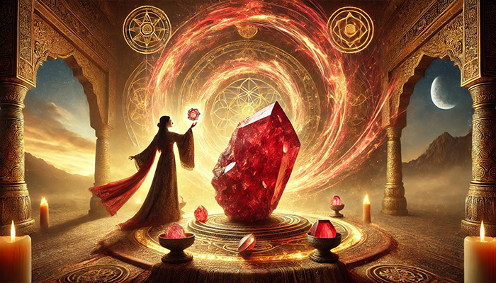 DALL%C2%B7E 2025 10 22 10.30.07 A wide aspect mystical scene showing the power of Cinnabar Quartz as the Philosophers Stone for gaining wisdom and wealth. At the center a radiant - シナバーの石言葉と「賢者の石」の力｜知恵を引き出し、成功を引き寄せる方法