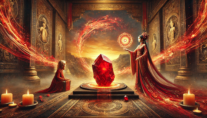 DALL%C2%B7E 2025 10 22 10.30.18 A wide aspect mystical scene showing the power of Cinnabar Quartz as the Philosophers Stone for gaining wisdom and wealth. At the center a radiant - シナバーの石言葉と「賢者の石」の力｜知恵を引き出し、成功を引き寄せる方法