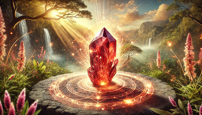 DALL%C2%B7E 2025 10 22 10.30.55 A wide aspect mystical image representing the healing and health attracting power of Cinnabar Quartz known as the Philosopher%E2%80%99s Stone. In the cente - シナバーの石言葉と「賢者の石」の力｜知恵を引き出し、成功を引き寄せる方法