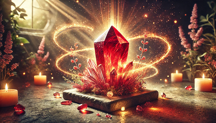 DALL%C2%B7E 2025 10 22 10.33.31 A wide aspect mystical and healing themed image featuring a radiant red Cinnabar Quartz raw crystal and its connection to health and vitality. The cry - シナバーの石言葉と「賢者の石」の力｜知恵を引き出し、成功を引き寄せる方法