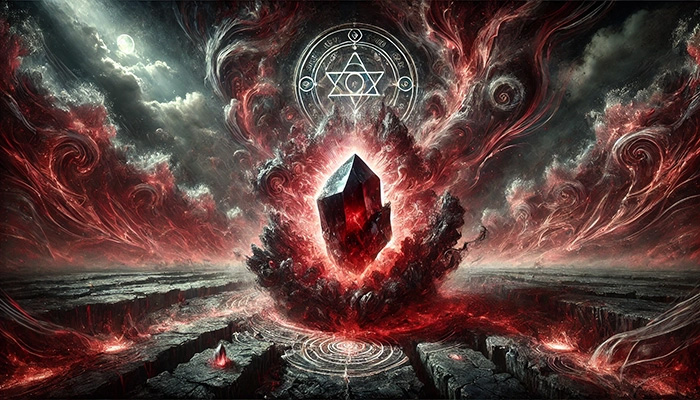 DALL%C2%B7E 2025 10 22 10.47.26 A wide aspect mystical and cautionary scene illustrating the potential negative side of Cinnabar Quartz. In the center is a raw cinnabar quartz crysta - シナバーの石言葉と「賢者の石」の力｜知恵を引き出し、成功を引き寄せる方法