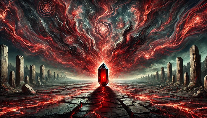 DALL%C2%B7E 2025 10 22 10.47.28 A wide aspect mystical and cautionary scene illustrating the potential negative side of Cinnabar Quartz. In the center is a raw cinnabar quartz crysta - シナバーの石言葉と「賢者の石」の力｜知恵を引き出し、成功を引き寄せる方法