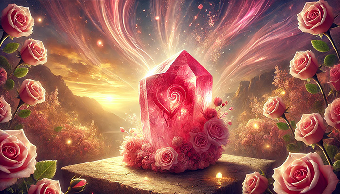 DALL%C2%B7E 2025 10 22 11.19.38 A wide aspect mystical and romantic image centered on a raw Rhodochrosite Inca Rose crystal symbolizing love and passionate dreams. The crystal glo - インカローズの石言葉とは？バラ色の愛と情熱的な恋を叶えるパワーストーン