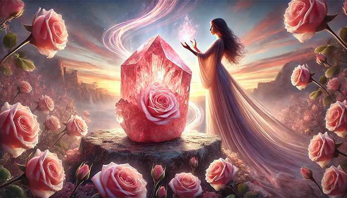 DALL%C2%B7E 2025 10 22 11.20.52 A wide aspect romantic and mystical scene featuring a radiant Rhodochrosite Inca Rose raw crystal a symbol of love and passion. The crystal glows i - インカローズの石言葉とは？バラ色の愛と情熱的な恋を叶えるパワーストーン