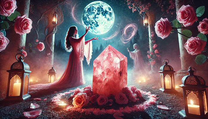 DALL%C2%B7E 2025 10 22 11.22.43 A wide aspect mystical night scene featuring a glowing Rhodochrosite Inca Rose raw crystal and a graceful woman performing a romantic ritual. The cr - インカローズの石言葉とは？バラ色の愛と情熱的な恋を叶えるパワーストーン