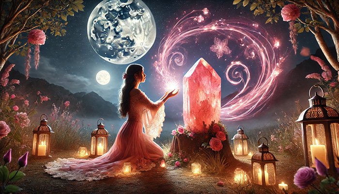 DALL%C2%B7E 2025 10 22 11.22.45 A wide aspect mystical night scene featuring a glowing Rhodochrosite Inca Rose raw crystal and a graceful woman performing a romantic ritual. The cr - インカローズの石言葉とは？バラ色の愛と情熱的な恋を叶えるパワーストーン