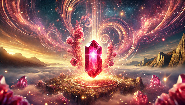DALL%C2%B7E 2025 10 22 11.32.49 A wide aspect romantic and mystical image illustrating the meaning of Rhodochrosite Inca Rose as the stone of passionate love and destiny. In the ce - インカローズの石言葉とは？バラ色の愛と情熱的な恋を叶えるパワーストーン
