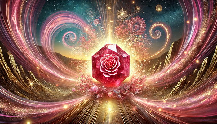 DALL%C2%B7E 2025 10 22 11.34.43 A wide aspect mystical and elegant image illustrating the spiritual power of Rhodochrosite Inca Rose not only for love but also for enhancing wealth - インカローズの石言葉とは？バラ色の愛と情熱的な恋を叶えるパワーストーン