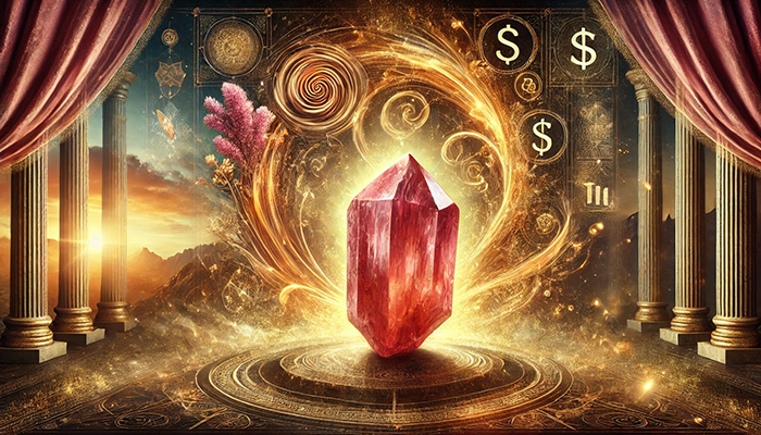 DALL%C2%B7E 2025 10 22 11.36.22 A wide aspect mystical and elegant image showing the spiritual power of Rhodochrosite Inca Rose to enhance financial fortune. In the center a radia - インカローズの石言葉とは？バラ色の愛と情熱的な恋を叶えるパワーストーン