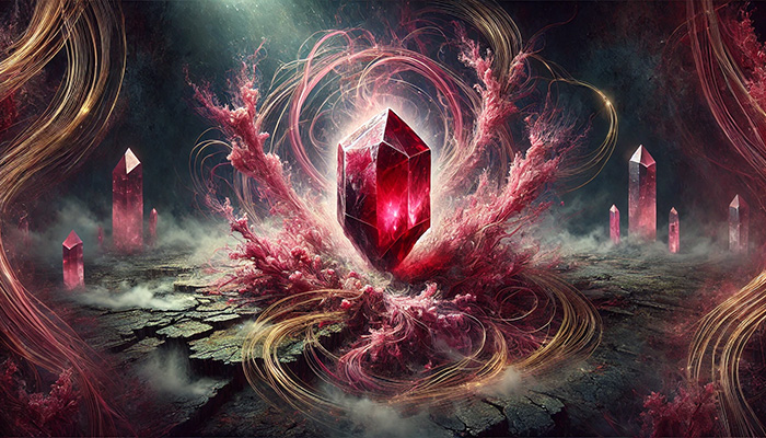 DALL%C2%B7E 2025 10 22 11.39.15 A wide aspect mystical and emotional image illustrating the negative aspects of Rhodochrosite Inca Rose in love such as emotional dependency and at - インカローズの石言葉とは？バラ色の愛と情熱的な恋を叶えるパワーストーン