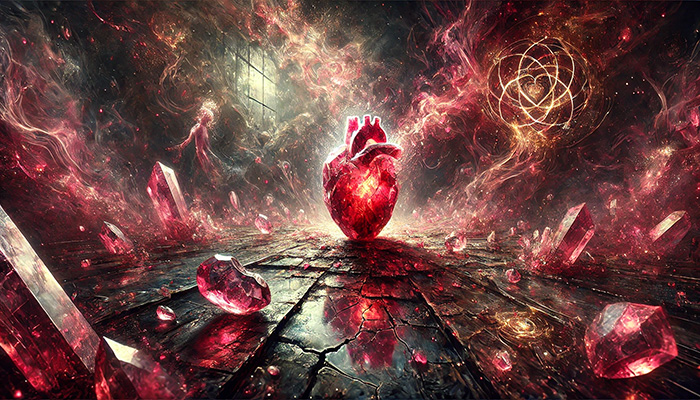 DALL%C2%B7E 2025 10 22 11.40.15 A wide aspect mystical and emotional image exploring the negative aspects of Rhodochrosite Inca Rose focusing on love related dependency and attach - インカローズの石言葉とは？バラ色の愛と情熱的な恋を叶えるパワーストーン