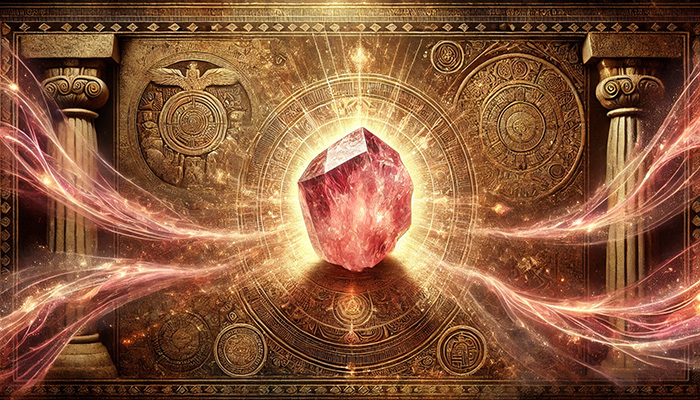 DALL%C2%B7E 2025 10 22 11.43.05 A wide aspect mystical and historical themed image showing the spiritual power and historical symbolism of Rhodochrosite Inca Rose. In the center a - インカローズの石言葉とは？バラ色の愛と情熱的な恋を叶えるパワーストーン