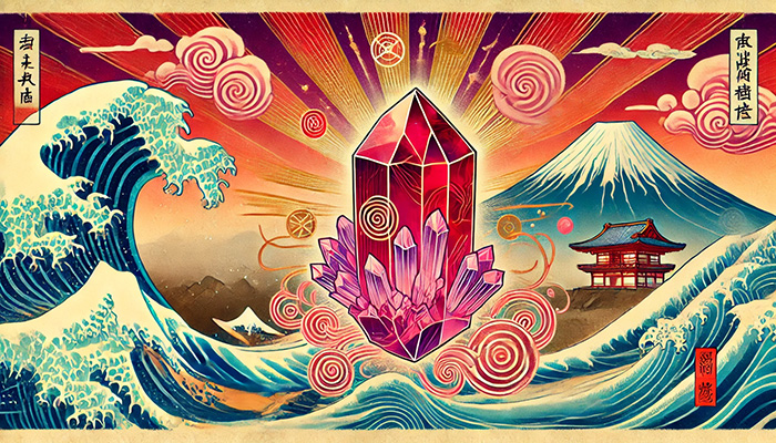 DALL%C2%B7E 2025 10 22 11.47.45 A wide aspect ukiyo e style illustration of Rhodochrosite Inca Rose symbolizing love healing and historical power. A stylized Inca Rose crystal in - インカローズの石言葉とは？バラ色の愛と情熱的な恋を叶えるパワーストーン