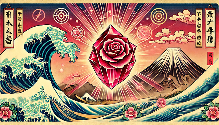 DALL%C2%B7E 2025 10 22 11.47.47 A wide aspect ukiyo e style illustration of Rhodochrosite Inca Rose symbolizing love healing and historical power. A stylized Inca Rose crystal in - インカローズの石言葉とは？バラ色の愛と情熱的な恋を叶えるパワーストーン