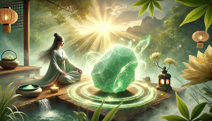 DALL%C2%B7E 2025 10 31 14.25.42 A wide aspect spiritual and calming scene featuring a glowing raw jade crystal %E7%BF%A1%E7%BF%A0 and the energy of a person who resonates with its power. In the ce - 翡翠が合う人とは？効果を最大限に活かす人の特徴をスピリチュアル視点で解説！