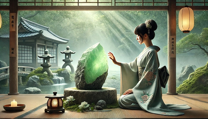 DALL%C2%B7E 2025 10 31 14.26.18 A wide aspect Japanese style spiritual scene featuring a raw jade %E7%BF%A1%E7%BF%A0 crystal and a woman who connects deeply with its energy. The scene is inspired  - 翡翠が合う人とは？効果を最大限に活かす人の特徴をスピリチュアル視点で解説！