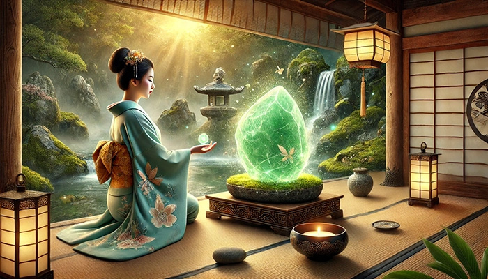 DALL%C2%B7E 2025 10 31 14.26.21 A wide aspect Japanese style spiritual scene featuring a raw jade %E7%BF%A1%E7%BF%A0 crystal and a woman who connects deeply with its energy. The scene is inspired  - 翡翠が合う人とは？効果を最大限に活かす人の特徴をスピリチュアル視点で解説！
