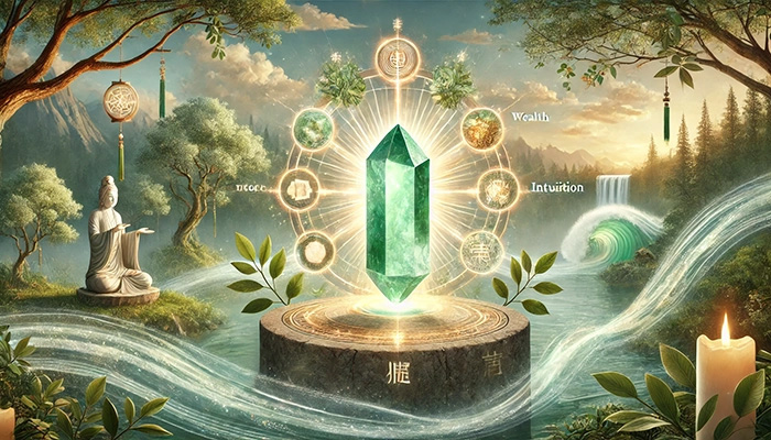 DALL%C2%B7E 2025 10 31 15.03.19 A wide aspect spiritual and mystical scene illustrating the reasons why jade %E7%BF%A1%E7%BF%A0 aligns with certain people enhancing emotional stability wealth a - 翡翠が合う人とは？効果を最大限に活かす人の特徴をスピリチュアル視点で解説！