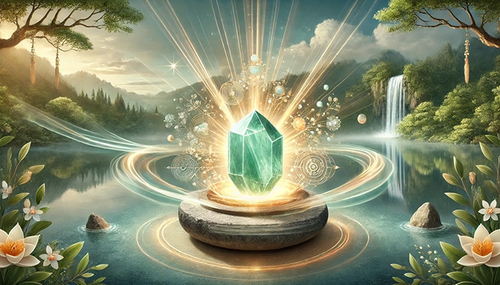 DALL%C2%B7E 2025 11 04 12.37.56 A wide aspect spiritual and elegant scene illustrating the effects of jade %E7%BF%A1%E7%BF%A0 and the spiritual benefits gained by those who resonate with it. In th - 翡翠が合う人とは？効果を最大限に活かす人の特徴をスピリチュアル視点で解説！