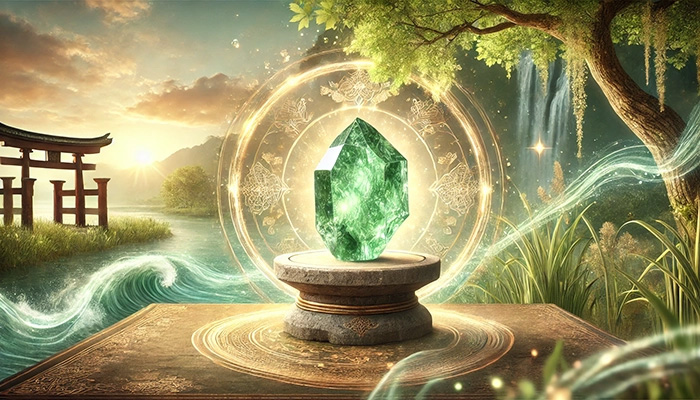 DALL%C2%B7E 2025 11 04 12.39.03 A wide aspect mystical and elegant image illustrating the qualities of people who align with jade %E7%BF%A1%E7%BF%A0 attracting success and stability. At the cente - 翡翠が合う人とは？効果を最大限に活かす人の特徴をスピリチュアル視点で解説！
