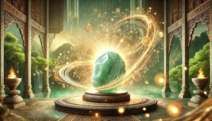 DALL%C2%B7E 2025 11 04 12.39.33 A wide aspect mystical and elegant image showing the connection between jade %E7%BF%A1%E7%BF%A0 and wealth attraction for those it resonates with. In the center a  - 翡翠が合う人とは？効果を最大限に活かす人の特徴をスピリチュアル視点で解説！