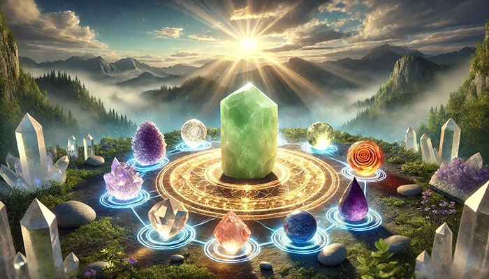 DALL%C2%B7E 2025 11 04 12.40.02 A wide aspect spiritual and harmonious scene featuring a central glowing raw jade %E7%BF%A1%E7%BF%A0 crystal surrounded by five complementary power stones. The jade - 翡翠が合う人とは？効果を最大限に活かす人の特徴をスピリチュアル視点で解説！